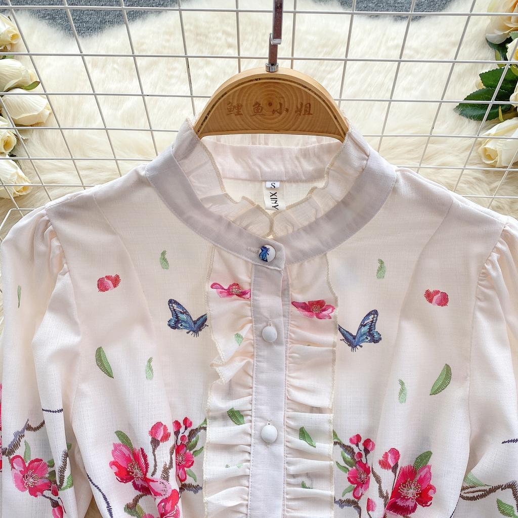 French Chic Retro Vestidos Female Long Sleeve Printed A-line Bodycon Dress Spring Lace-up Pleated Dresses Button Dropshipping
