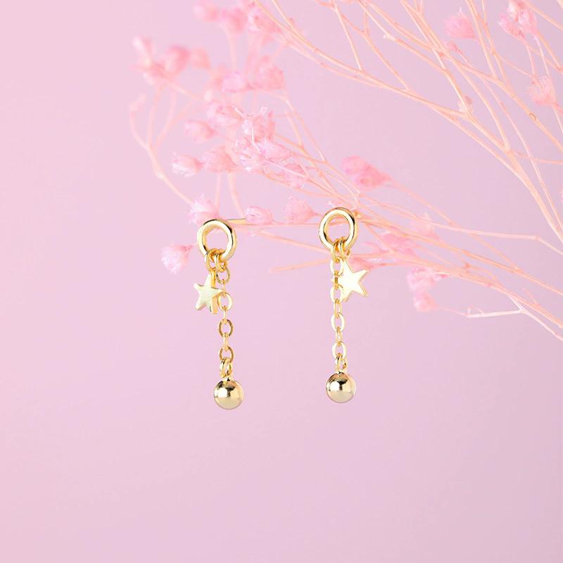 925 Silver Hollow Out Star Earrings For Women Pentagram Round Bead Short Gold Ear Jewelry Wedding Party Gift