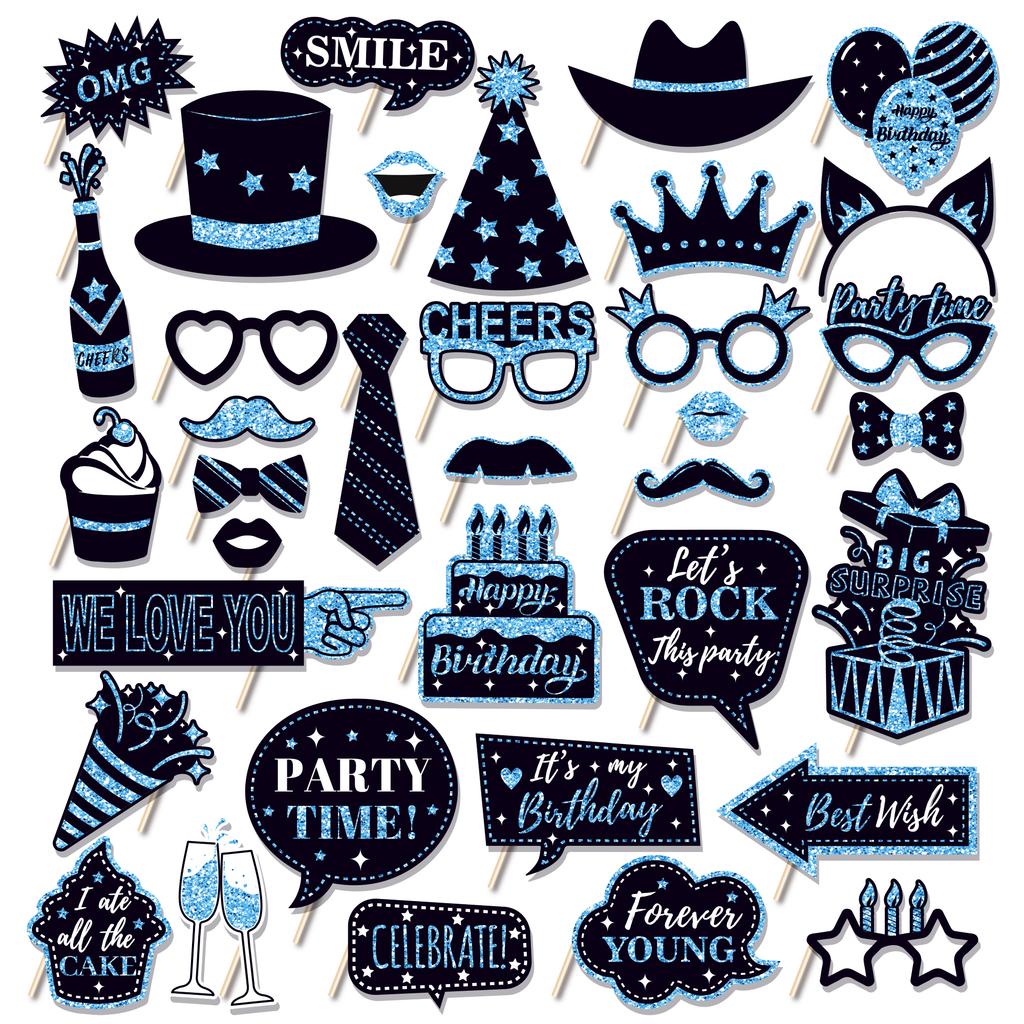 36pcs Happy Birthday Party Photo Booth Props Shimmer Powder Funny Glasses Lips Hat DIY Photo Shoot Prop Photobooth Accessories
