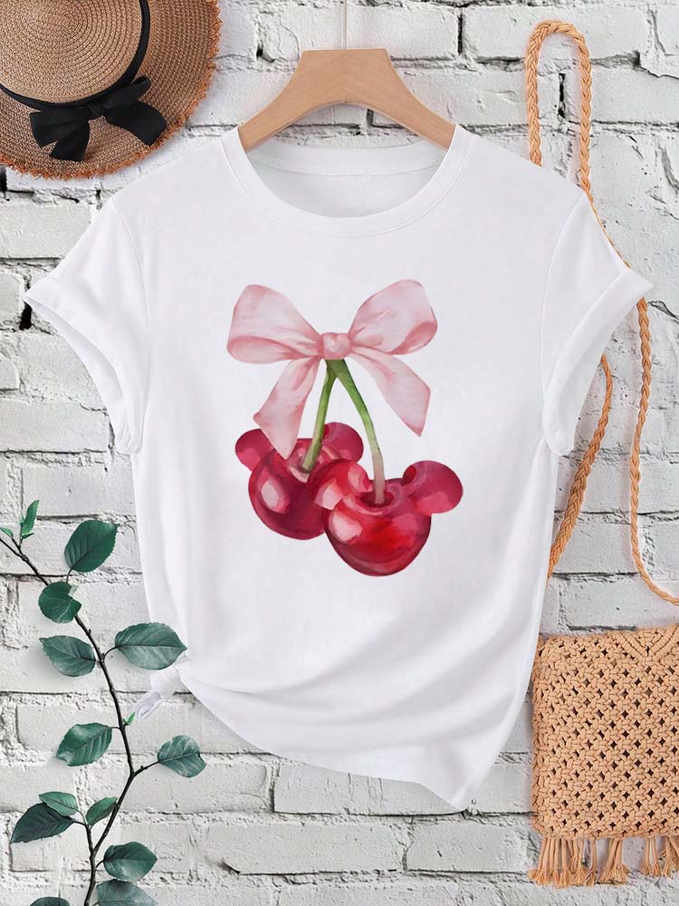 Ovely Style Fashion Summer Women Cherry Bow Print T Shirt Female Casual Top Tshirts Cartoon Graphic Tee T-Shirt