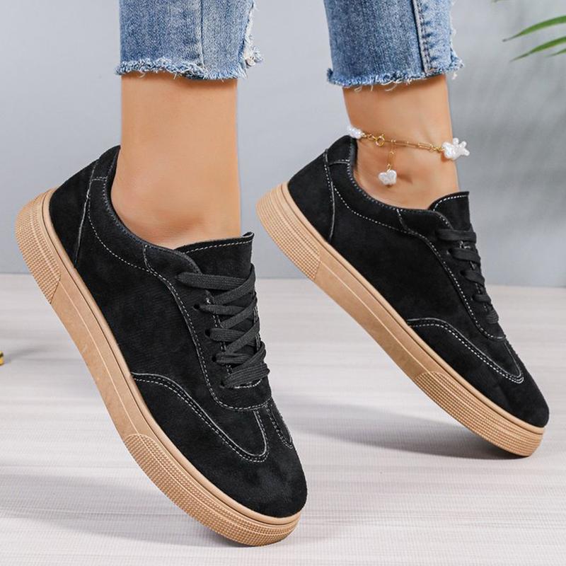 Fashion All Match Black Faux Suede Sports Shoes for Women Lace Up Low Top Sneakers Woman Sewing Wear Resistant Vulcanize Shoes Ladies