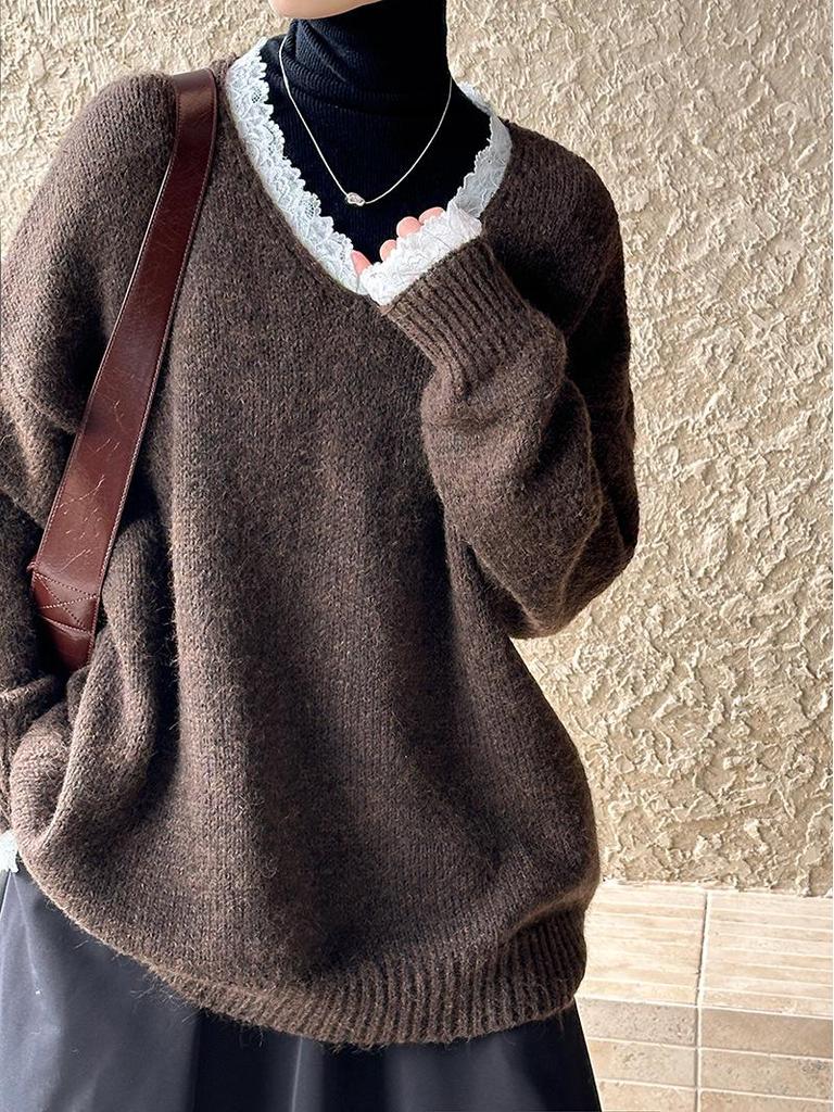 Ju Zhi 2024 Autumn/Winter Korean Loose Casual V-Neck Pullover Sweater Knitwear
