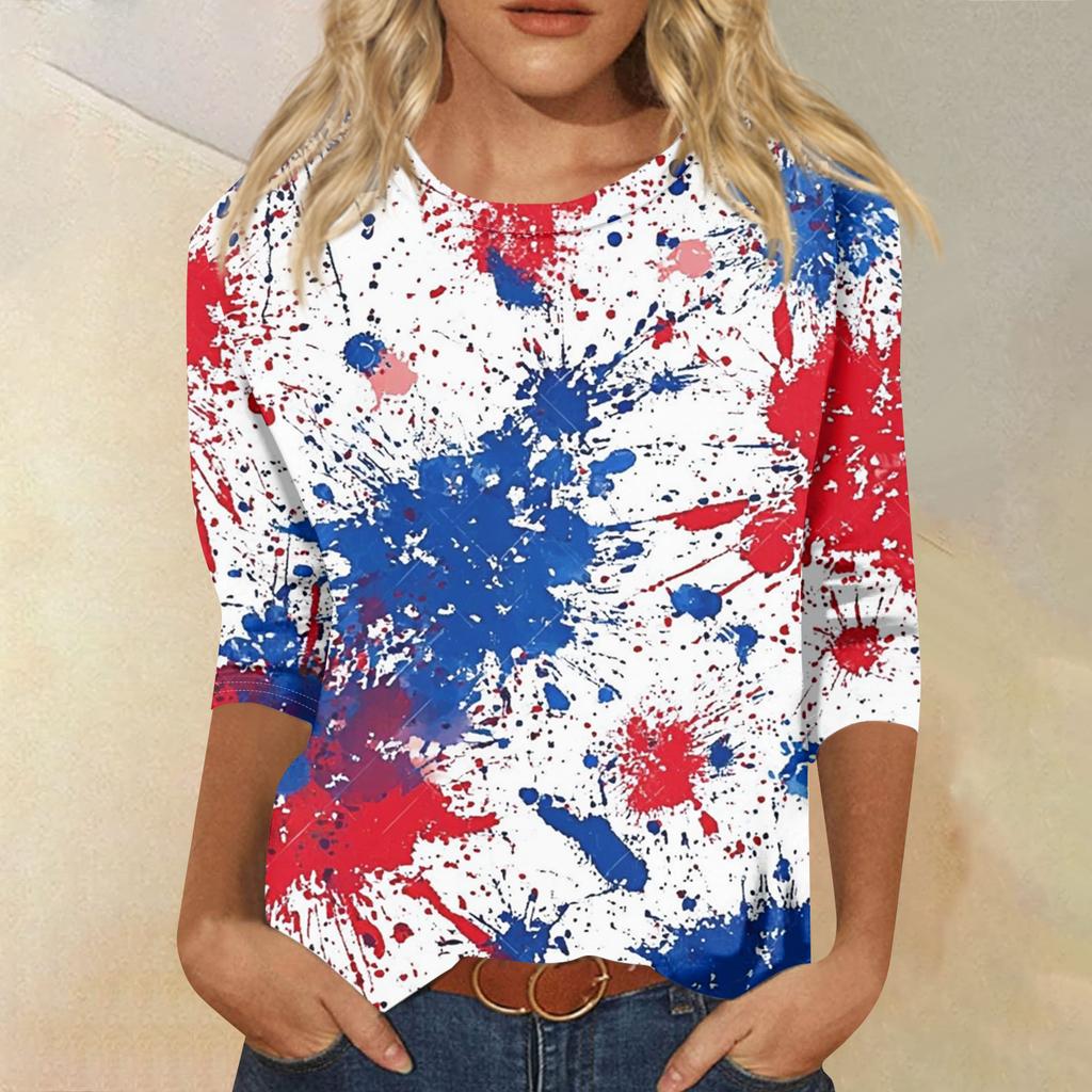 Women's Fashion Casual Seven-Sleeve Independence Day Print Round Neck Top