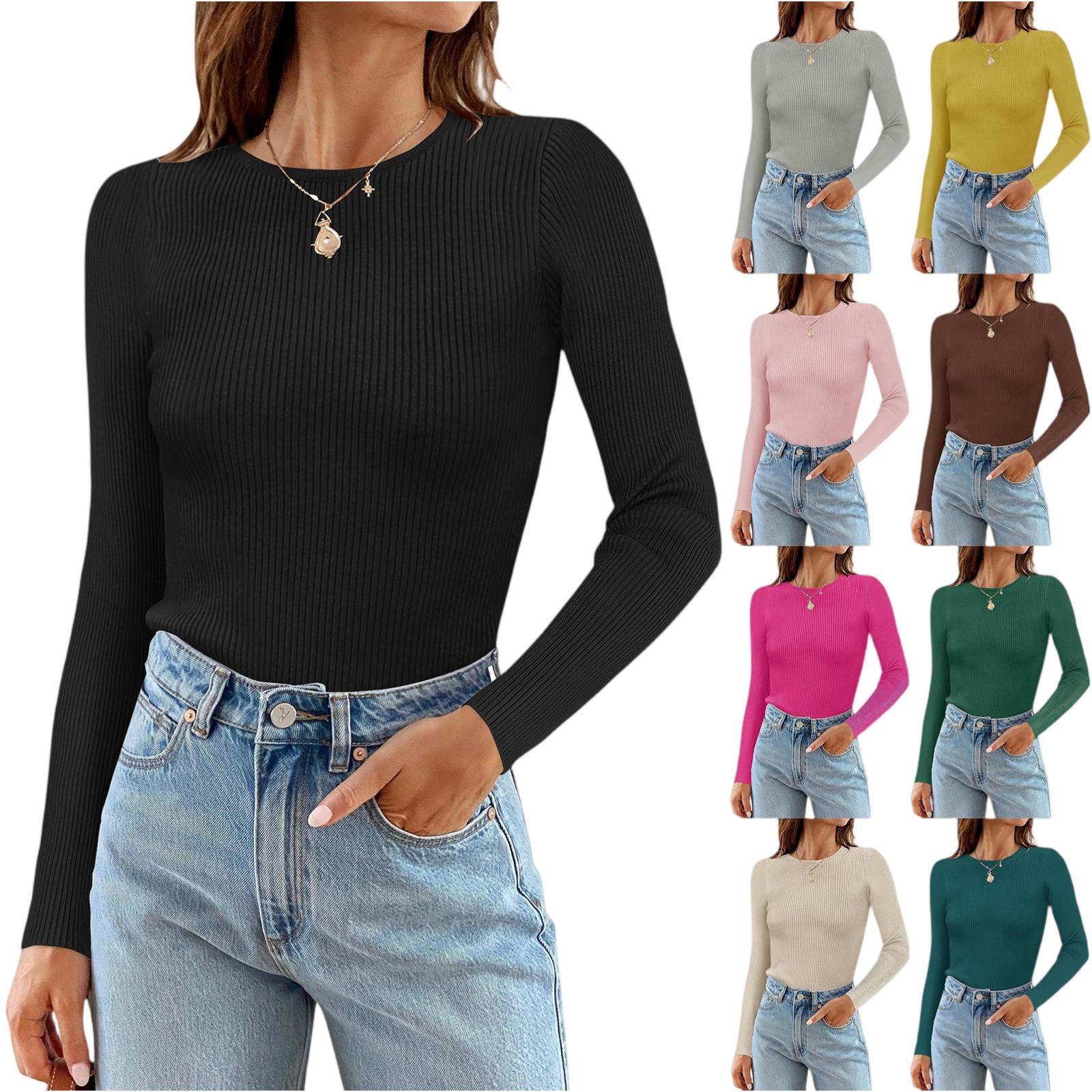 

Women s Long Sleeve Crewneck Shirt Striped Slim Fit Casual Basic Tops S рожевий