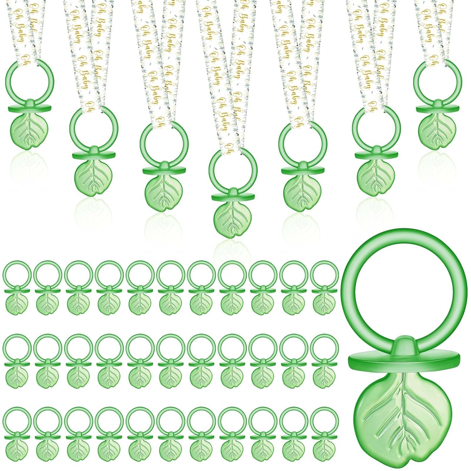 50 Pcs Green Leaf Baby Pacifiers Baby Shower Acrylic Pacifiers Necklace Boy Pacifier Bulk Pacifiers for Baby Shower Game Pacifiers Ribbon Necklace