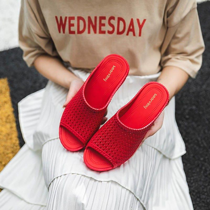 Cool Slippers for Women In Summer, Sloping Heels, Thick Soles, Fashionable Outdoor Beach Shoes, Mesh Hollowed Out Women's Slippers
