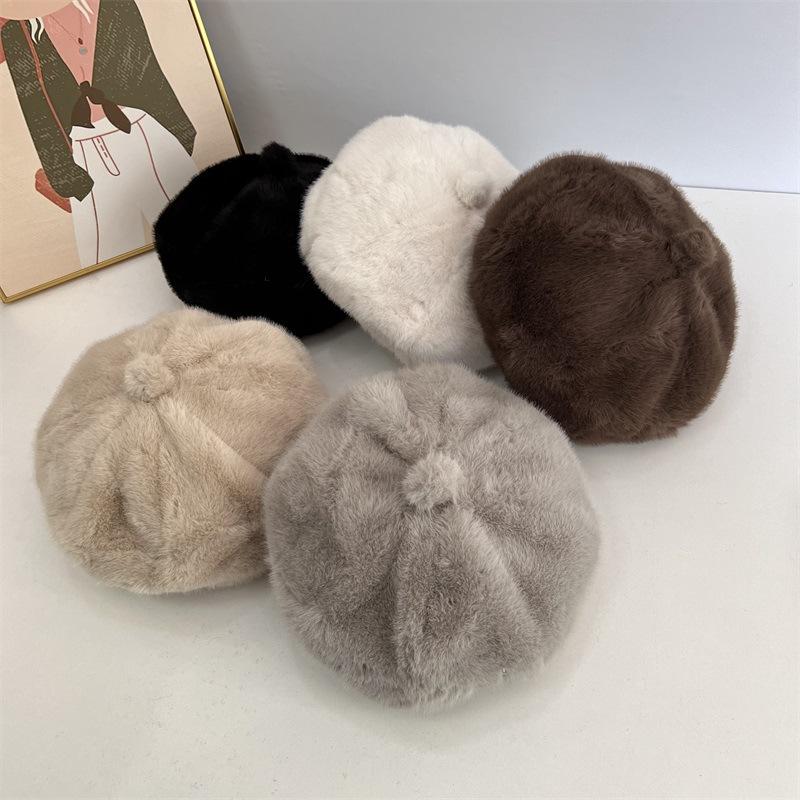 New Plush Beret Women's Autumn and Winter Daily Versatile Octagonal Hat Sweet and Cute Retro Painter Hat Tide