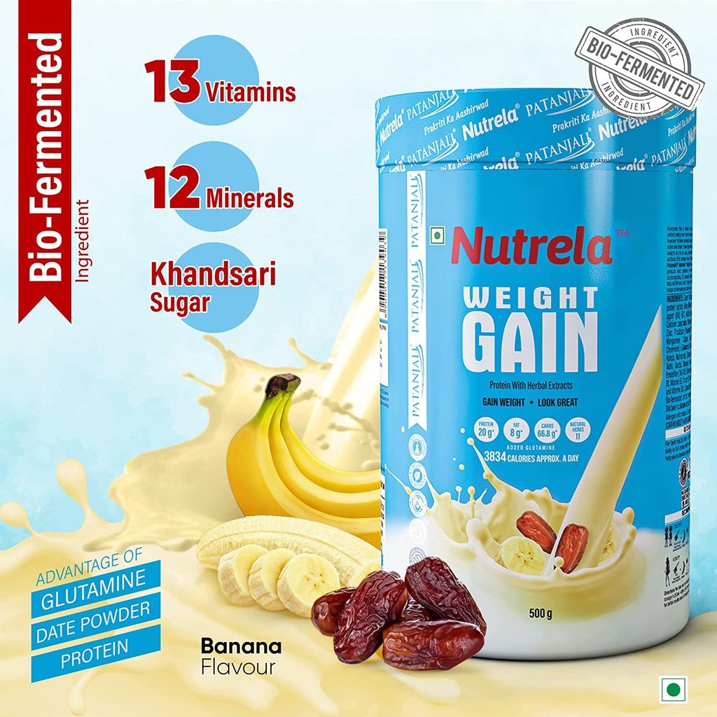 Nutrela Weight Gainer 500 G Banana Flavour High Calorie Mass Gainer Powder With Vitamins Minerals For Men Women Kids