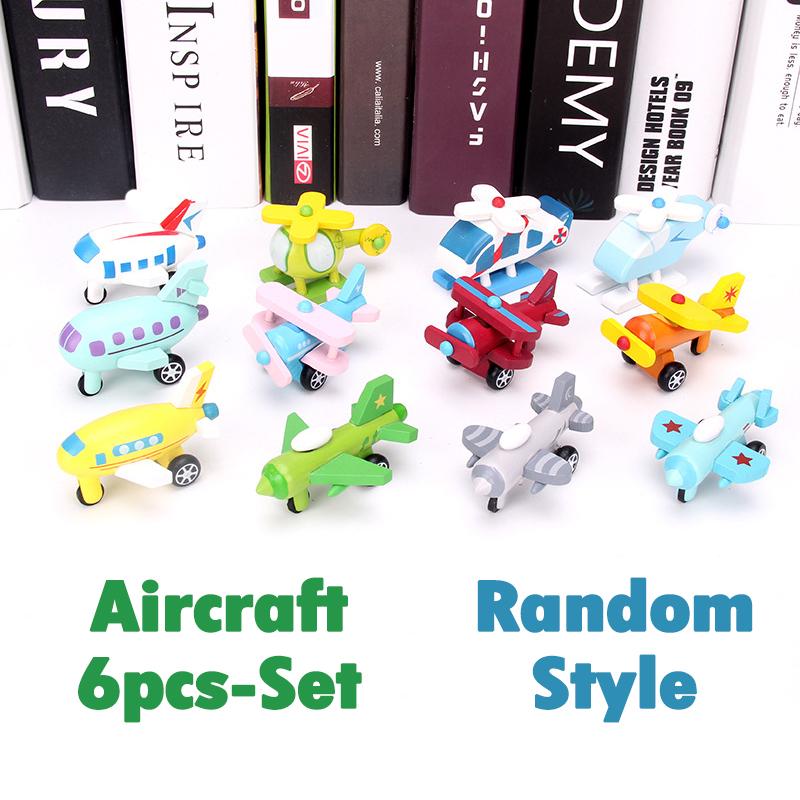 

6pcs Set Kids Wooden Mini Cars Toy Cartoon Simulation Transportation Airplane Truck Model Montessori Education Toy Gift For Baby