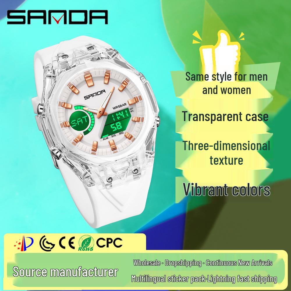 Sanda Dual Display Multifunction Fashion Wristwatch with Colorful Transparent Case for Youthful Korean Style