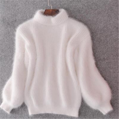 Pull Tricoté Manches Lanternes Coréen 2025 en Fausse Fourrure de Vison pour Femme: Printemps/Automne/Hiver, Col mi-haut, Couleur unie, Coupe ample