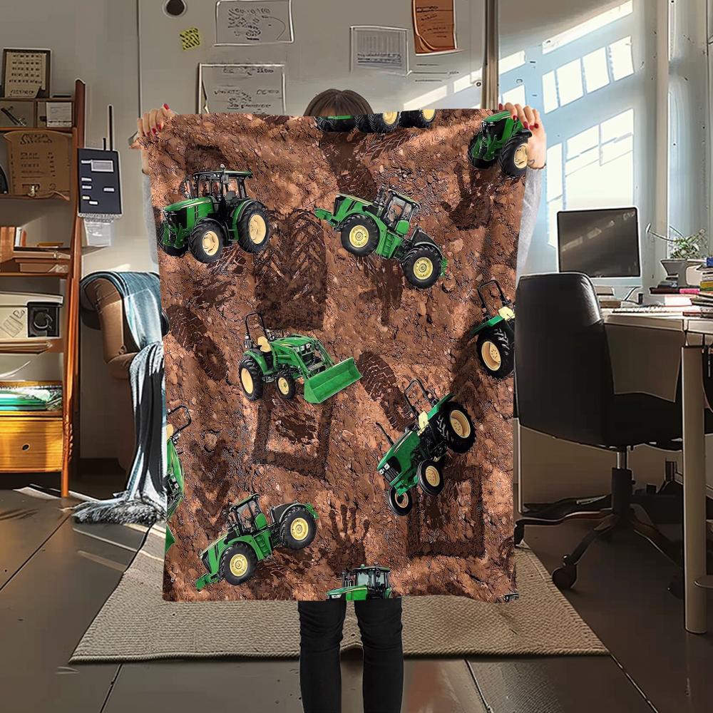 1Pc John Green Tractor Print Flannel Blanket, High Quality Comfortable for All Seasons, Home Decor, Warmth and Comfort, Perfect for Christmas Gifts