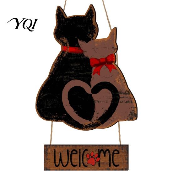 Indoor Entryway Decoration Wooden Hanging Welcome Sign for Front Door, Romantic Cat Couple Wall Decor Garden Pendant, Rustic Farmhouse Outdoor