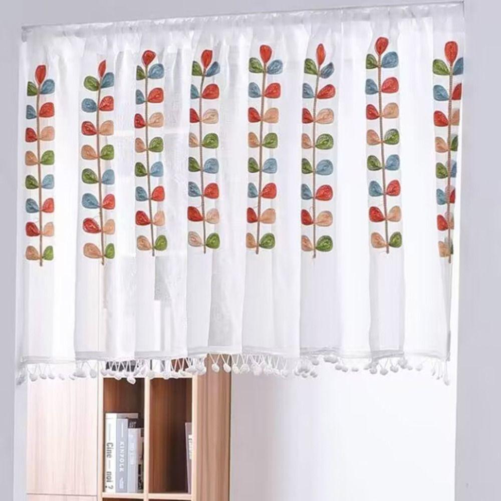 Semi Sheer Voile Drapes Embroidered Leaves Short Curtains Home Decoration Bath Curtain  Cafe