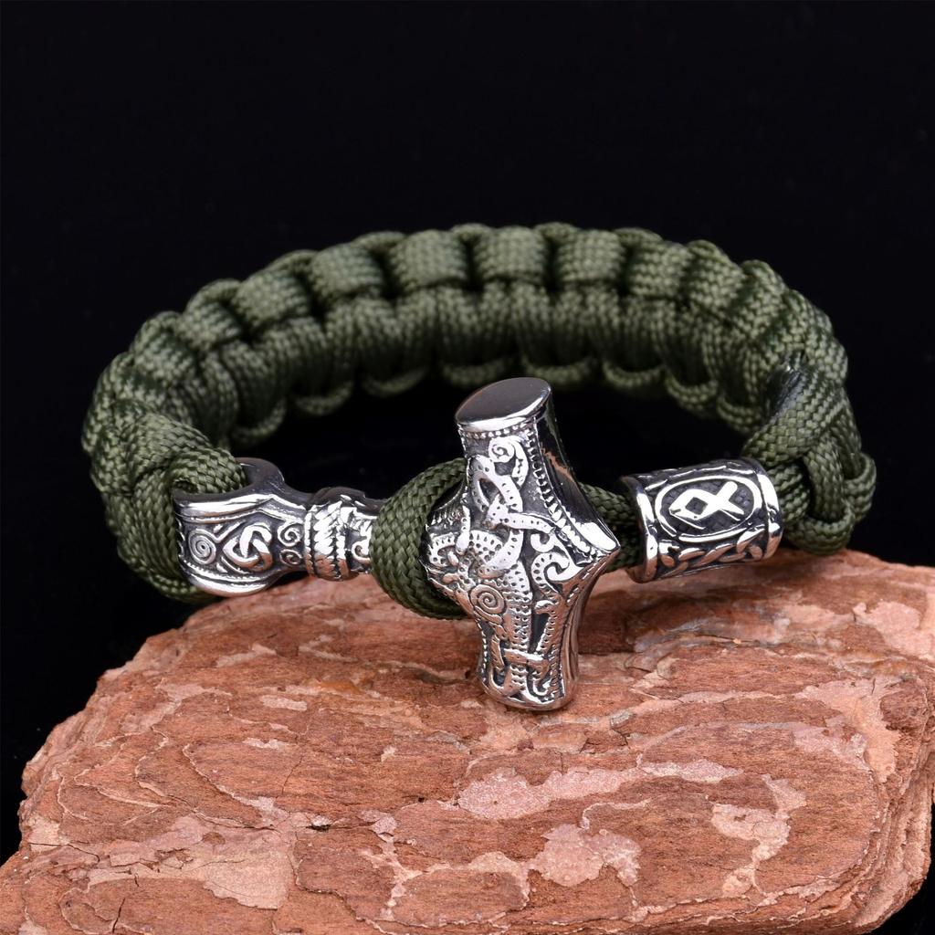 Men 'S Stainless Steel Viking Thor 'S Hammer Umbrella Rope Braided Bracelet Outdoor Sports Survival Bracelet 
