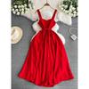 Red Dress Women 2025 New Arrival French Style Temperament Square-Neck Cinched Mid Length Long Length Large Swing Fancy Halter Skirt