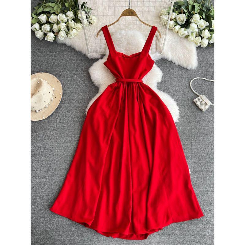 Red Dress Women 2025 New Arrival French Style Temperament Square-Neck Cinched Mid Length Long Length Large Swing Fancy Halter Skirt