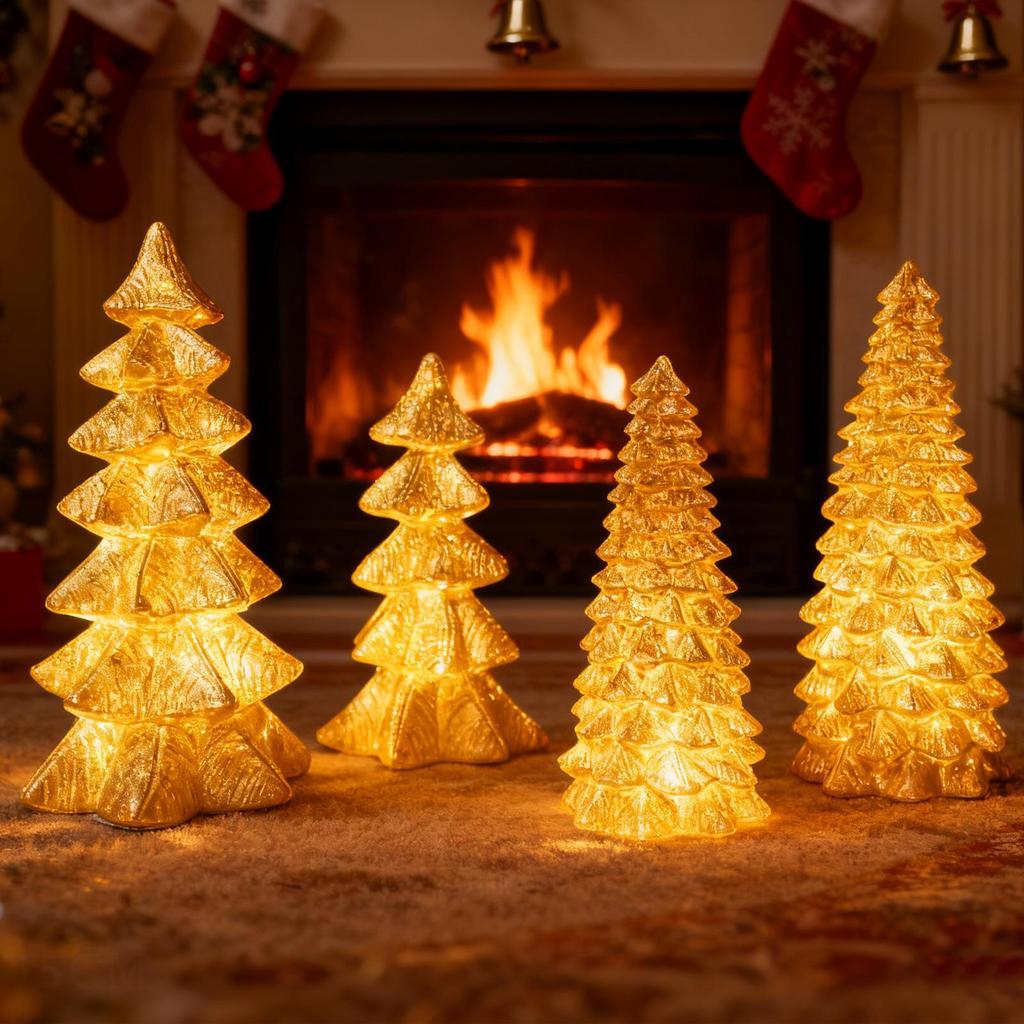 4 Pieces LED Golden Christmas Tree Statues Mini Desktop Tree Christmas Decorations Tabletop Christmas Tree For Living Room