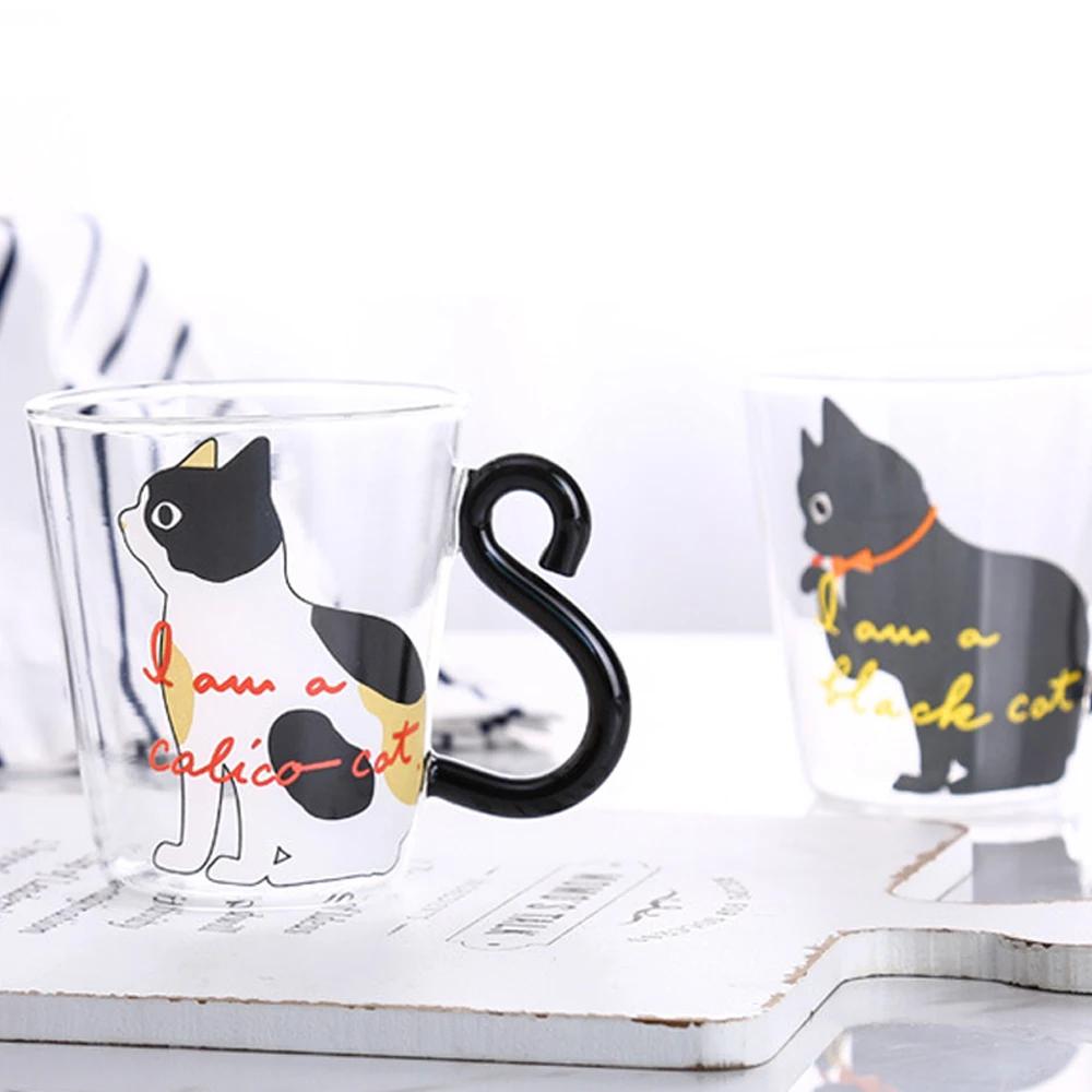 Creative Glass Water Cup With Handle Cute Cat Design Cartoon Two Styles Of Repeated Printing For Coffee And Milk Drinks
