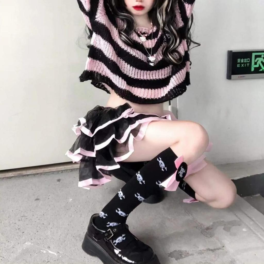 Striped Gothic Sweaters Women Ripped Holes Loose Knitted Pullover Frayed Fairy Grunge Jumpers Streetwear Lolita