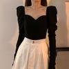 Square Collar Pleated Puff Long Sleeve Women Blouse Female Autumn Casual Skinny Cropped Top Streetwear