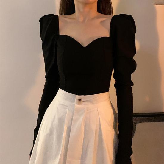 Square Collar Pleated Puff Long Sleeve Women Blouse Female Autumn Casual Skinny Cropped Top Streetwear