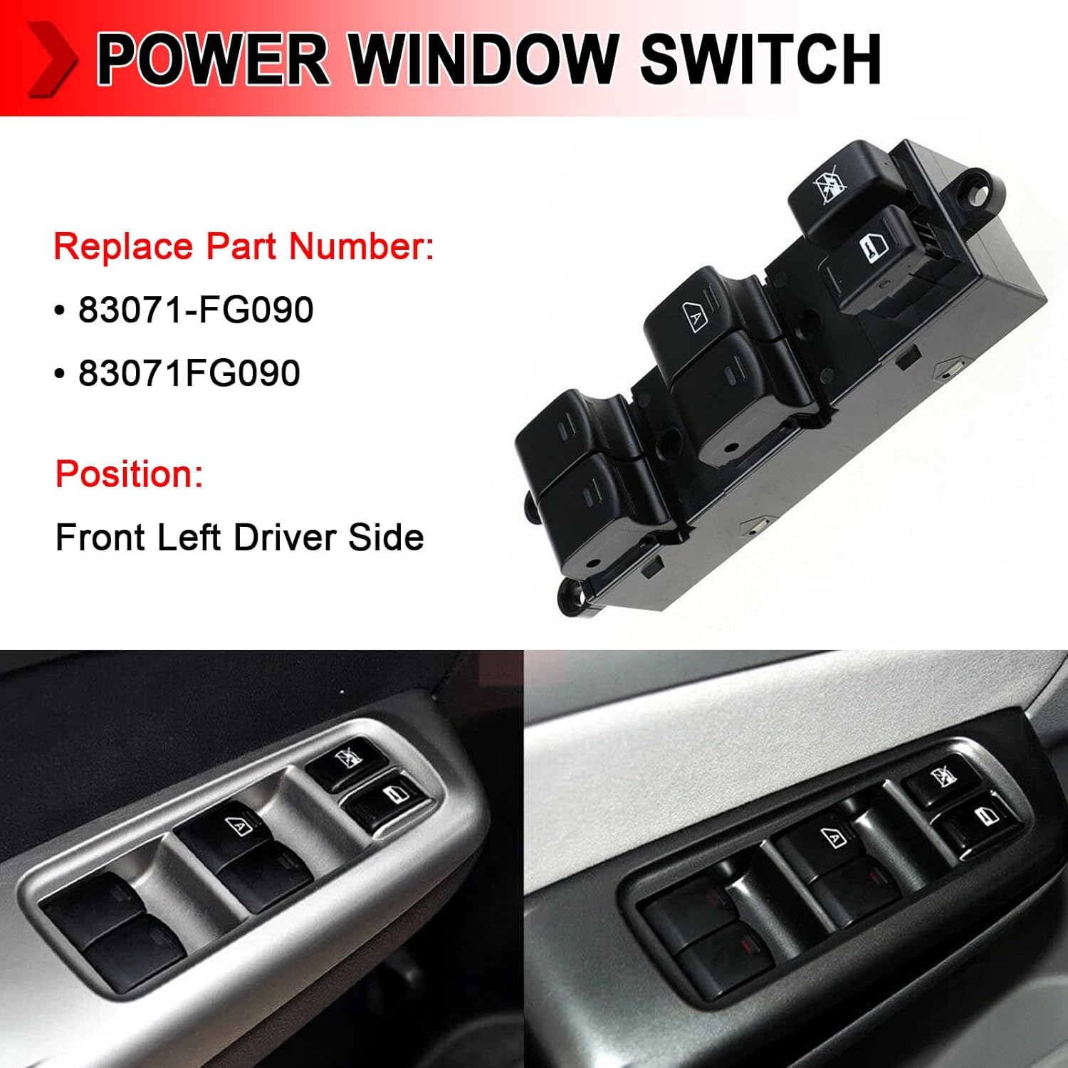 83071-FG090 Master Power Window Switch, Push Button, Manual, Black, Driver Side, Front Left, Subaru Forester Impreza 2007-2011