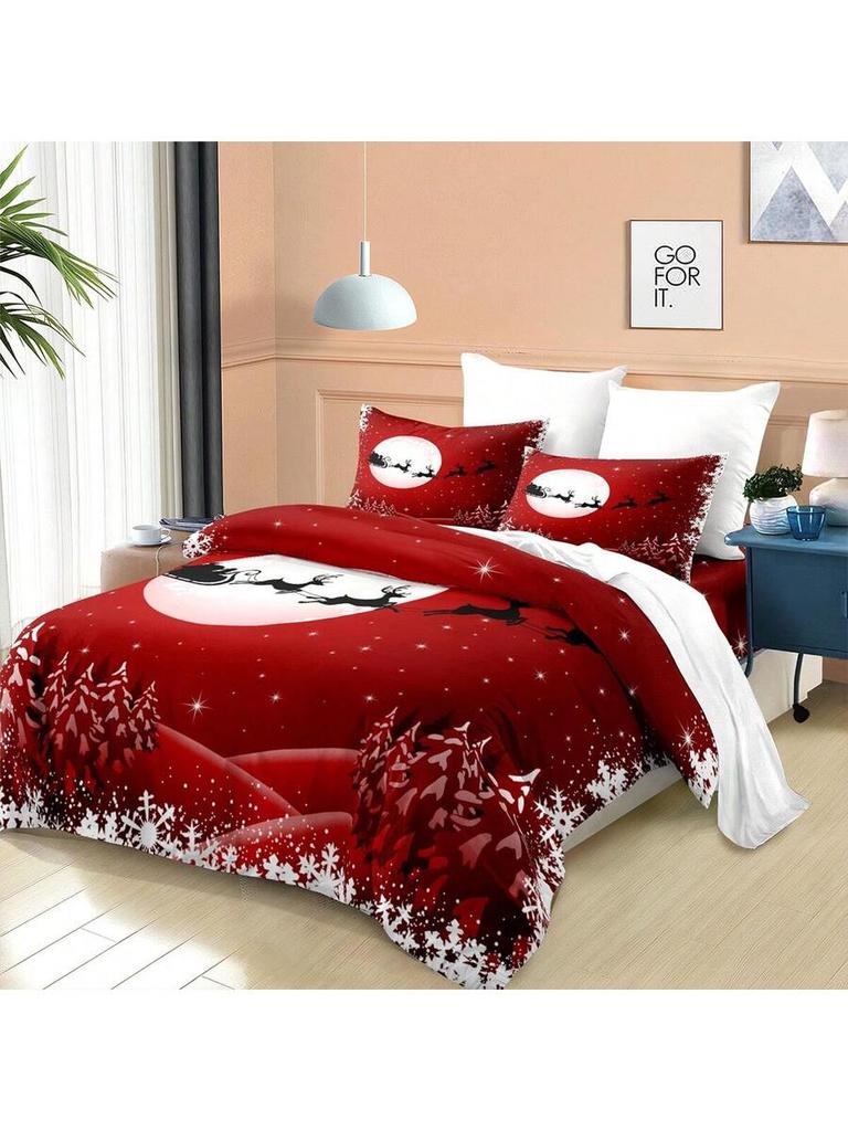 3pcs Christmas Themed Duvet Cover Set (1*Duvet Cover + 2*Pillowcase Without Core)- Zip ClosureWith Santa Claus Reindeer