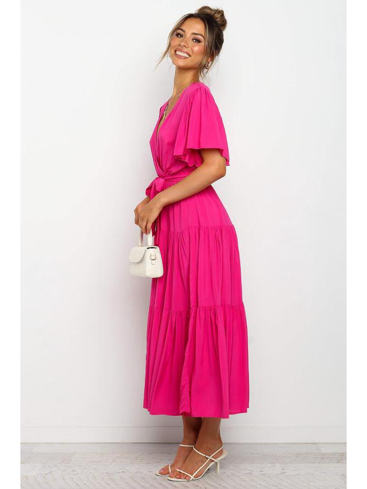 Böhmisches V-Ausschnitt Druck Kurzarm Taillenbetontes Langes Kleid Verfügbar