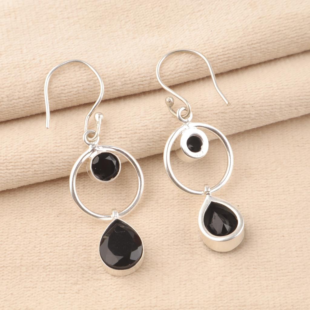 Natural Black Onyx Gemstone 925 Sterling Silver Jewelry Handmade Earrings 2.0" EE-140-7