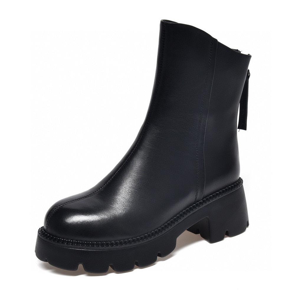 Thick-soled Rear Zipper Martin Boots Autumn and Winter New First-layer Cowhide Knight Boots Round Head Thick Heel Medium Boots