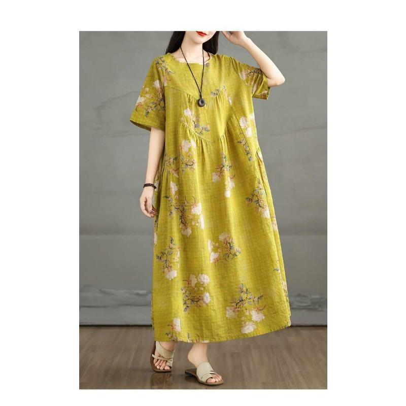 Summer Cotton and Linen Round Neck Short Sleeved Dress for Women
