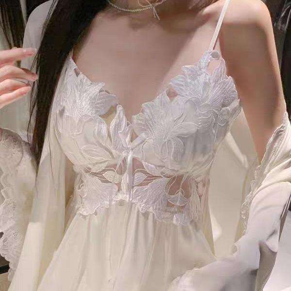 Sexy Pajamas Women's Ice Silk Thin French Suspender Nightdress with Chest Pad Long Magnolia Flower Pure Desire Style Loungewear