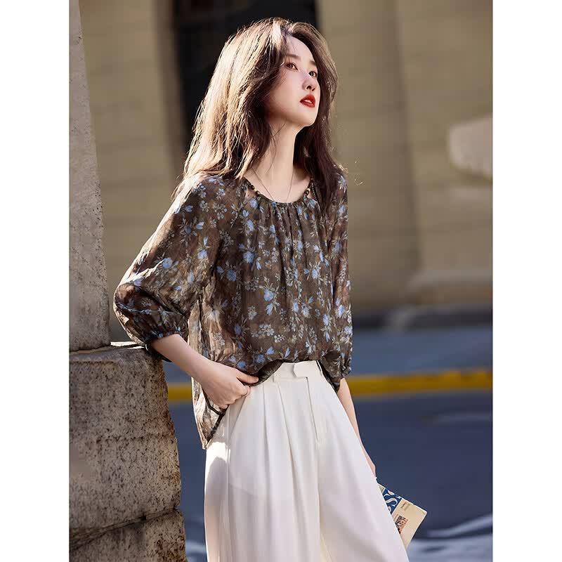 Retro Floral Puff Sleeve Pullover Blouse S