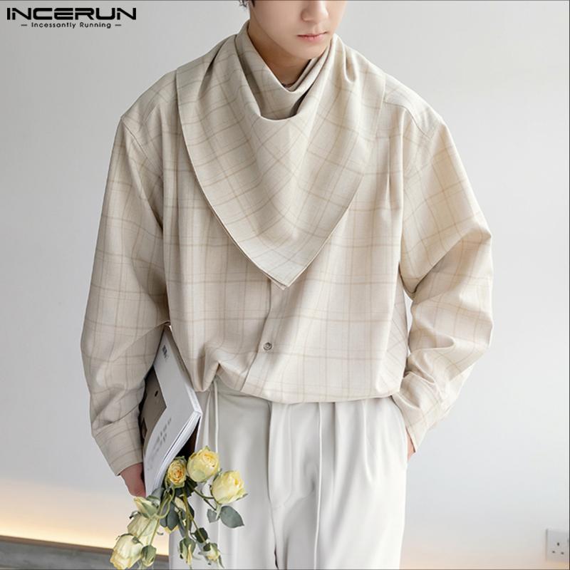 INCERUN Men Stand Collar with Adjustable Scarf Long Sleeve Plaid Loose Oversized Tops Shirts
