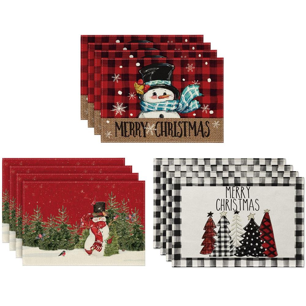 4 Stück Weihnachts-Tischsets 30*45cm Weihnachtsbäume Schneemänner Druck Esszimmer-Tischmatten Weihnachtsfeier Tischuntersetzer Dekoration