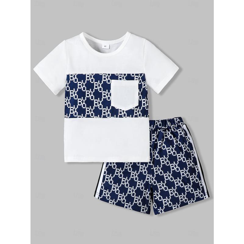 2 Pieces Toddler Boys T-shirt & Shorts Outfit Graphic Geometric Short Sleeve Patchwork Set School Fashion Daily Summer 4-7 Years White 100