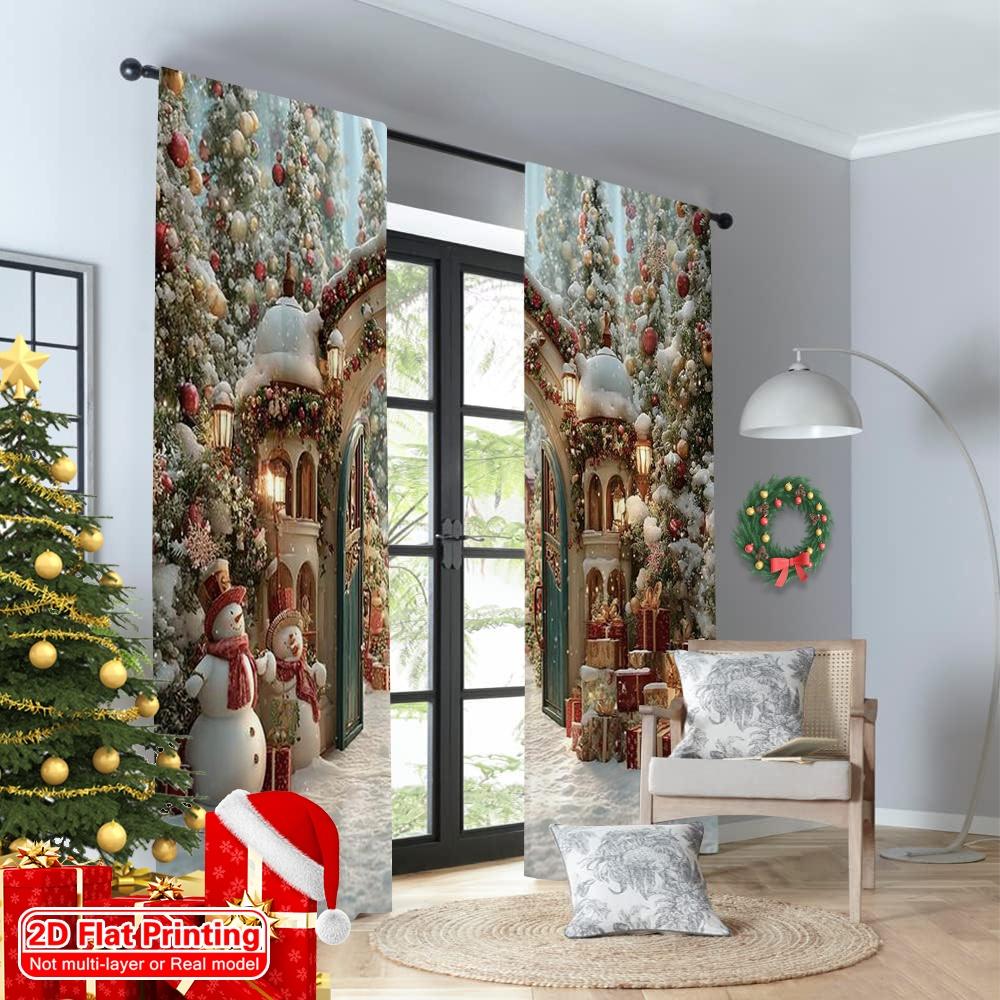 2pcs 2D flat printing Merry Christmas Window Drapes Snow Arch 100% Polyester Without Electricity Family Party Use for Home &