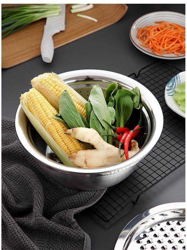 Multifunctional Stainless Steel Grater and Drain Basin Set with Slicer and Non-Magnetic Rice Sieve