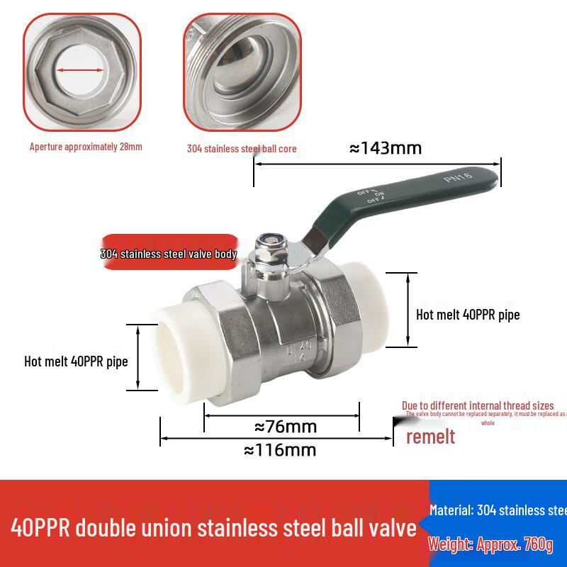 4-Point Double Union 20PPR Stainless Steel Ball Valve for Household Water Pipe Fittings