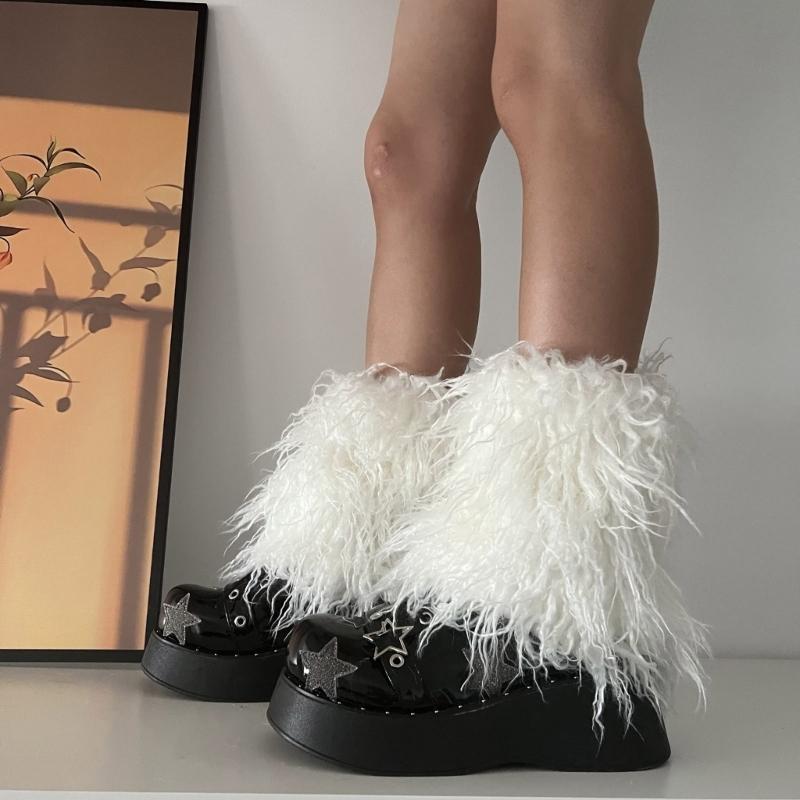 Fuzzy Faux Furs Leg Warmers Furs Heels Long Boots Cuffs Cover Has Elastic One Pair Carnivals Boot Cover Y2K JK Uniform