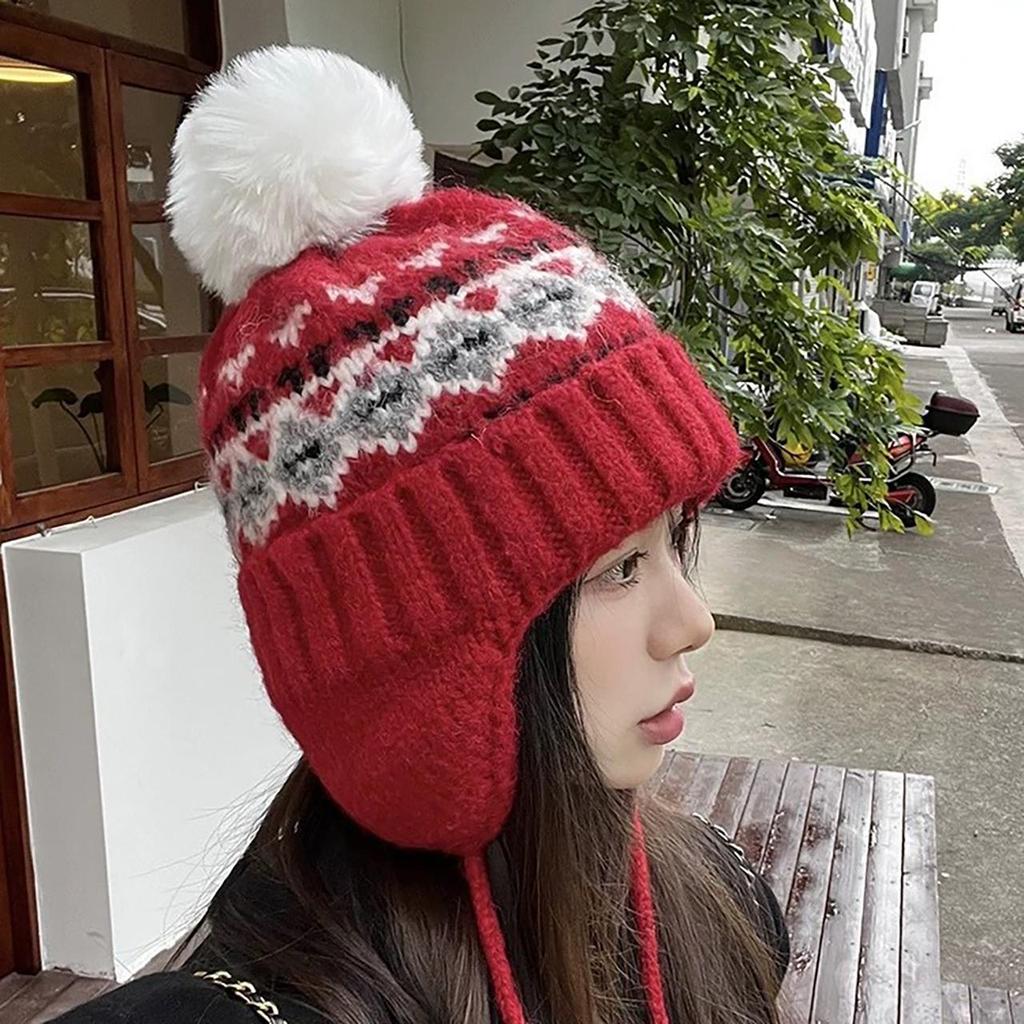 Cappello lavorato a maglia stile Fair Isle per donna, berretto invernale caldo con jacquard etnico, protezione per le orecchie, berretto per bambina, anti-freddo, paraorecchie da Sci sulla Neve, berretto