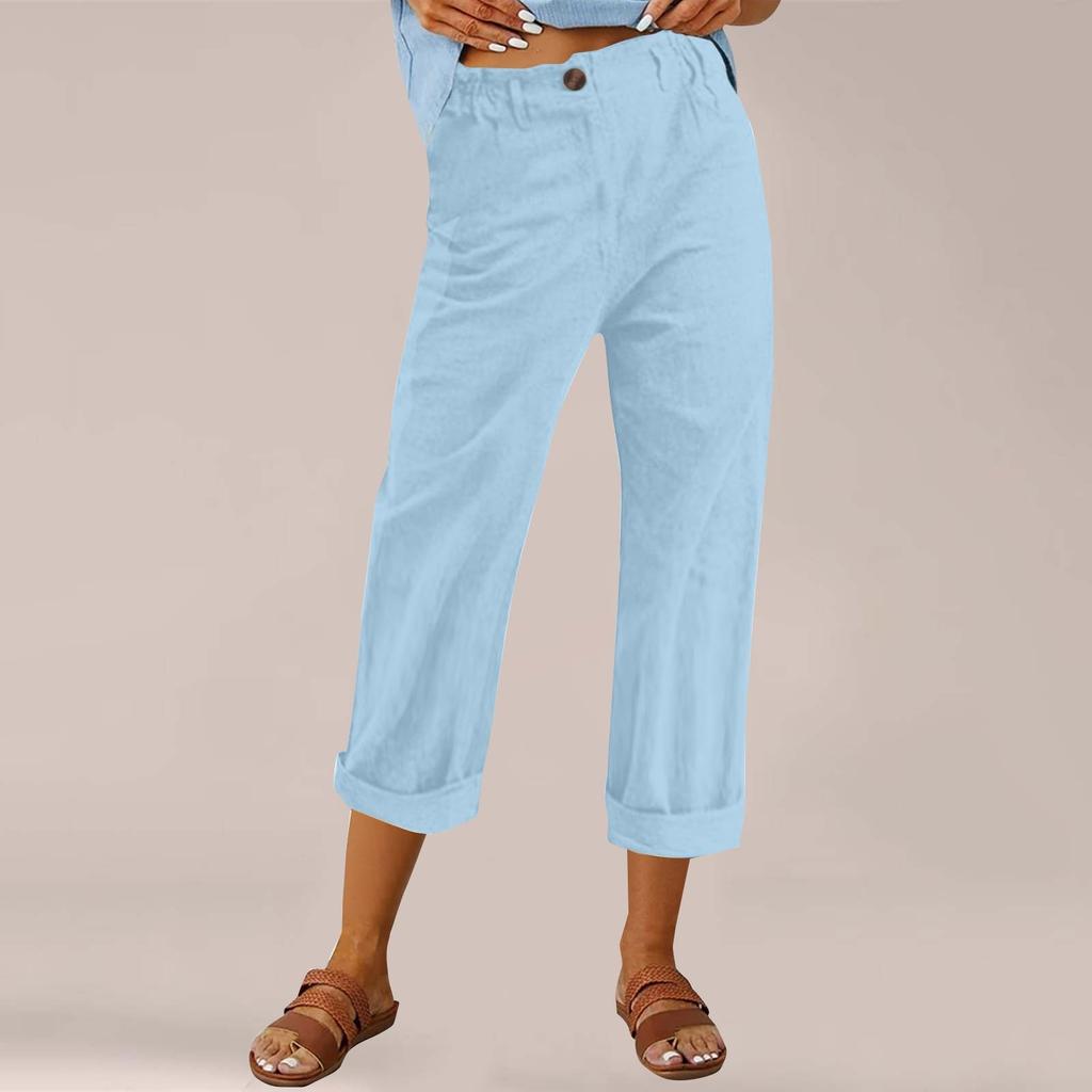 Women's Fashion Cotton-Linen Blend Loose-Fit High-Waisted Casual -Color Straight-Leg Pants