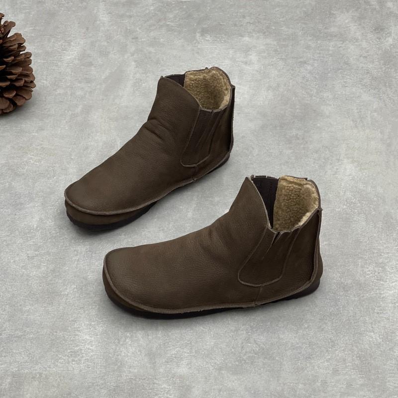 Johnature Echtes Leder Damen Schuhe Retro Weiches Rindsleder Runde Zehenpartie Plüsch Warm Flach Slipper Kurze Stiefel