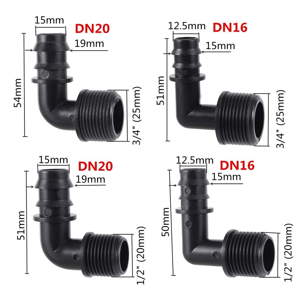 1/2" 3/4" Male Thread Elbow Connector DN16 DN20 90 Degrees Garden Micro Irrigation Pipe Connectors Angle Bend Water Fittings