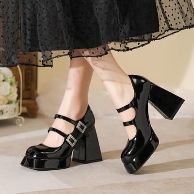 New Rhinestone Buckle Square Head Patent Leather Thick Heel High Heel Women's Shoes Platform Waterproof Table Mary Jane Versatile Height Increase