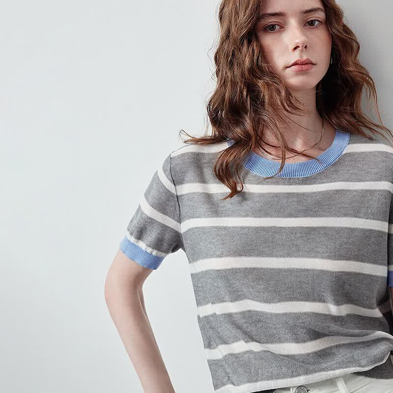 Chuyu Women's Lyocell Retro Stripe Short-Sleeve Knit Top