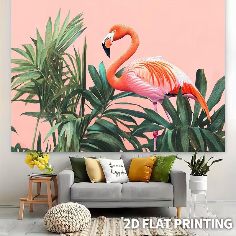 Boho Flamingo Tapestry, Lush Tropical Greenery with Pink Flamingo, Minimalist and Vibrant Wall Art