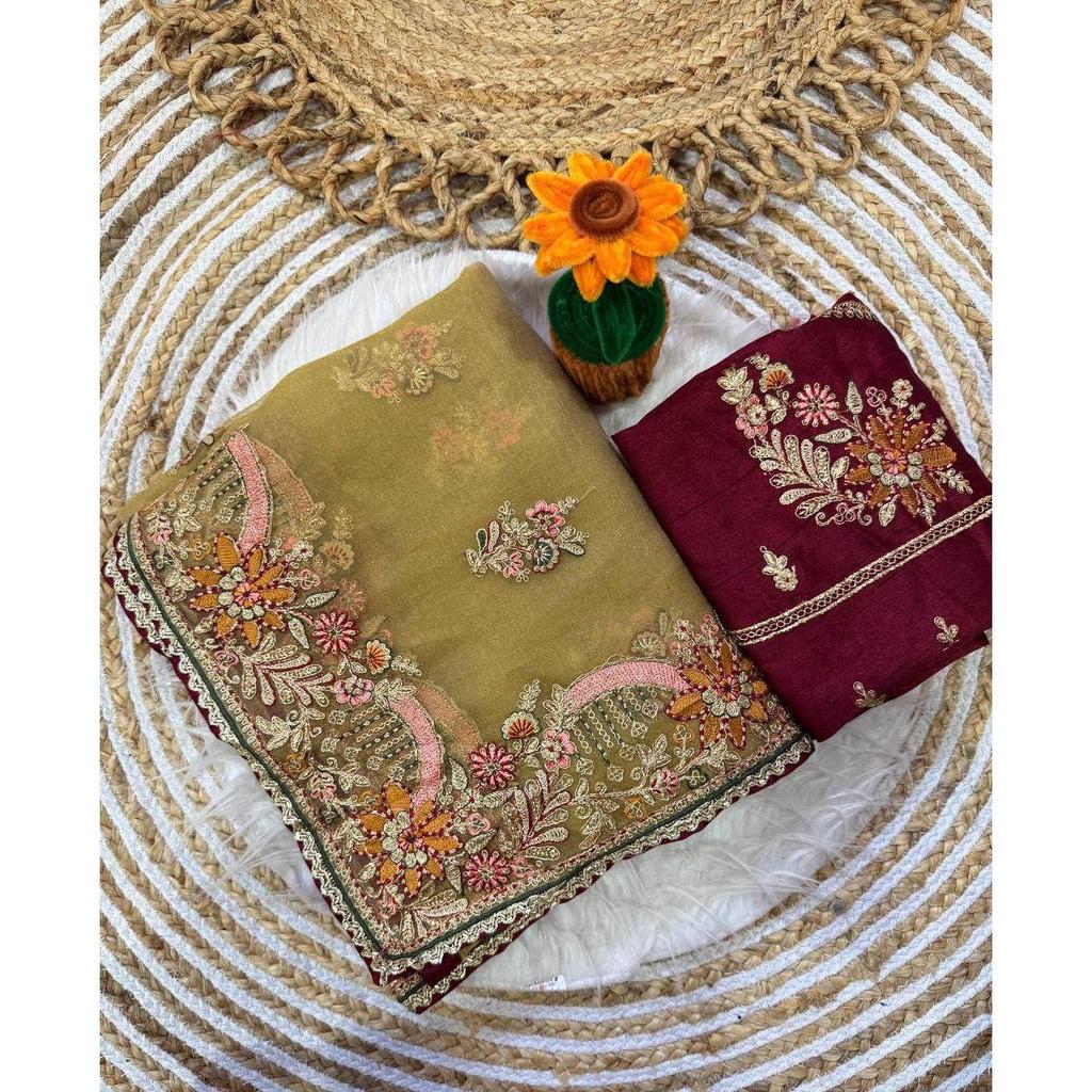 Premium soft zippy silk with c pallu multi thread and zari embroidery work with readymade lace and piping border