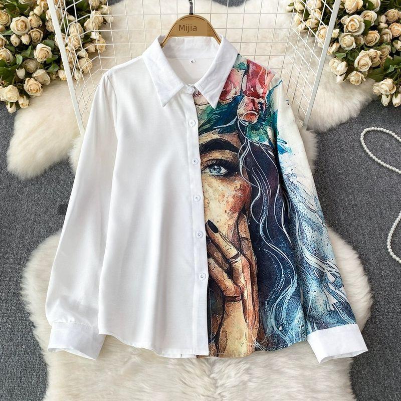 

Long Sleeves Loose Single-Breasted Positioning Print Casual Shirt White Girl S